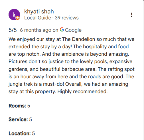Guest review 7 of The Dandelion – Colonels' Jungle Resort